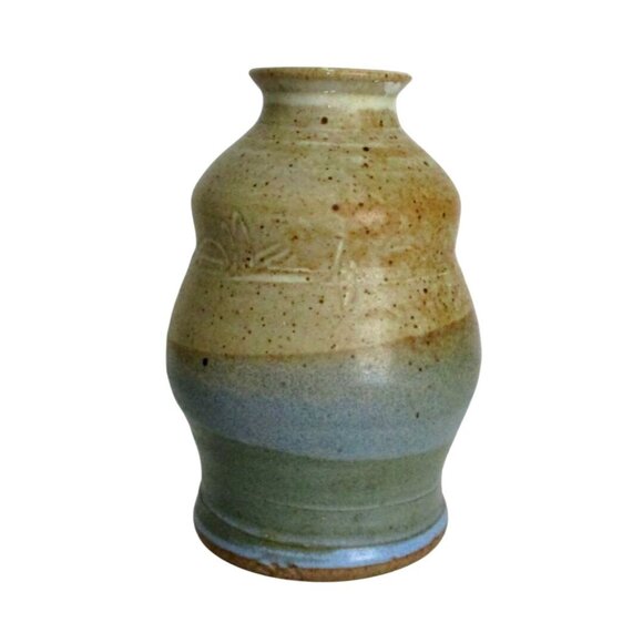 Vintage Pottery Vase With Earth-Tone Green Blue Glaze w/ Carved Design - Handmad - Picture 1 of 7